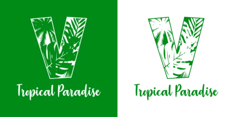 Fototapeten Logo destino de vacaciones. Mensaje Tropical Paradise con letra inicial V con silueta de plantas tropicales © teracreonte