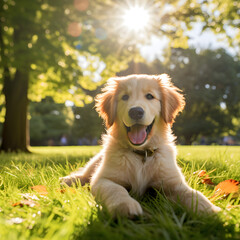 Adorable Golden Retriever Puppy Enjoying Summer Day in the Park