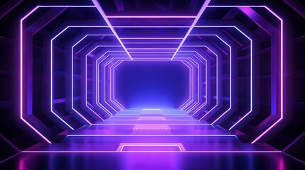 Abstract Futuristic Technology concept. Neon Hexagon Tunnel modern background. Fluorescent ultraviolet glowing light lines.