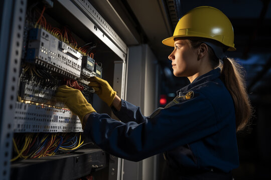Female commercial electrician at work on a fuse box, adorned in safety gear, demonstrating professionalism.