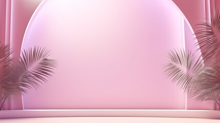Fototapeta na wymiar Abstract gradient pink studio background for product presentation. Empty room with shadows of window and flowers and palm leaves . 3d room with copy space. Summer concert. Blurred backdrop
