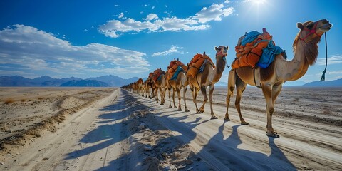 Capturing a Tranquil Moment: Camels Lined Up in Desert Race Setting. Concept Desert Landscape, Camel Racing, Tranquility, Natural Elements, Traditional Culture