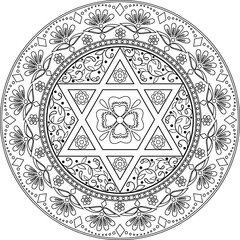 Mexican style contour mandala with detailed floral elements and hexo star. Use as coloring page, greeting card design, holiday design