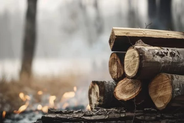 Papier Peint photo autocollant Texture du bois de chauffage Firewood against the background of a forest and a firet. Log trunks piles, logging, wood processing industry