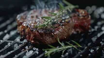 Obraz na płótnie Canvas Grilled ribeye beef steak with rosemary and salt on dark grill.