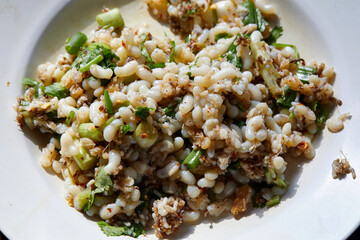 Ant eggs spicy salad with vegetables or Yum Khai Mod Daeng