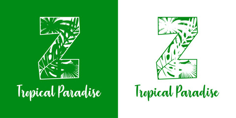 Logo destino de vacaciones. Mensaje Tropical Paradise con letra inicial Z con silueta de plantas tropicales