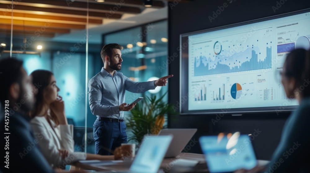 Poster the analyst stands confidently, pointing at a large screen displaying data-driven insights. team mem