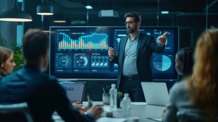 The analyst stands confidently, pointing at a large screen displaying data-driven insights. Team members are engaged, some taking notes, others discussing points. - obrazy, fototapety, plakaty