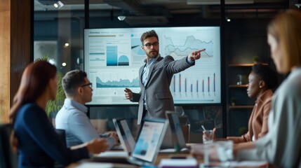 The analyst stands confidently, pointing at a large screen displaying data-driven insights. Team members are engaged, some taking notes, others discussing points. - obrazy, fototapety, plakaty