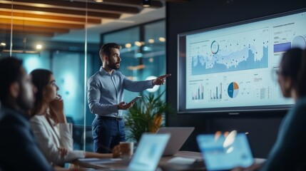 The analyst stands confidently, pointing at a large screen displaying data-driven insights. Team members are engaged, some taking notes, others discussing points.