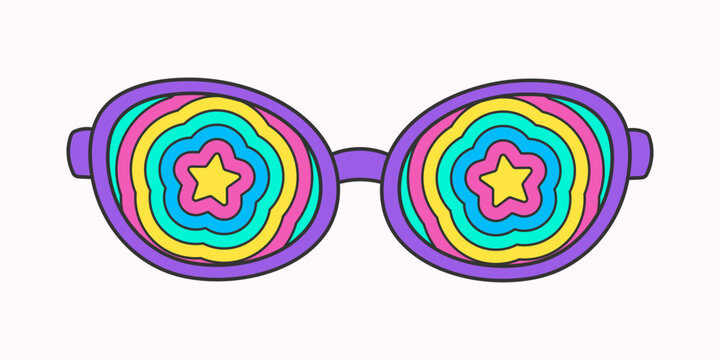 Retro hippie psychedelic style sunglasses. Geometric abstract vector glasses isolated on white background, 70s groovy fashion. Doodle stars pattern for printing on T-shirts, cards.