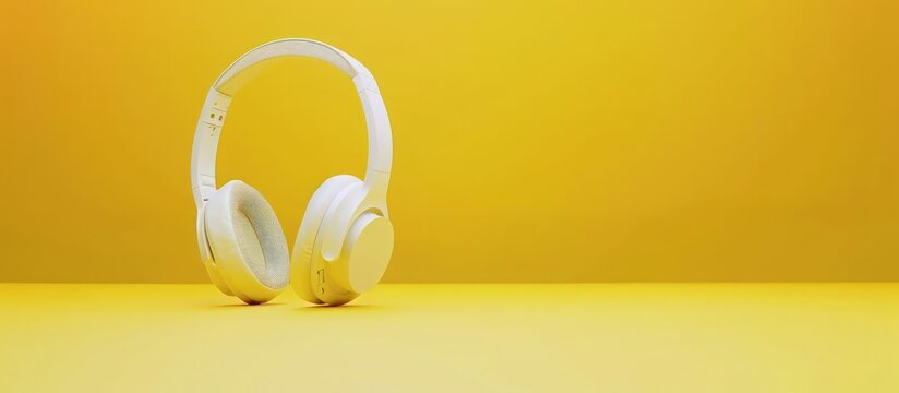 White headphones music isolated on yellow background. Generated AI image