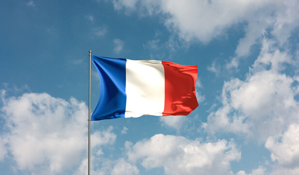 Flag France against cloudy sky. Country, nation, union, banner, government, french culture, politics. 3D illustration