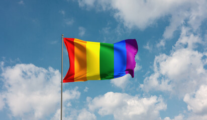 Flag LGBTQ community against cloudy sky. Movement, socitey, banner, group, activist. 3D illustration