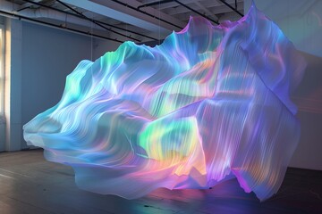 Translucent neon waves pulsating with energy, forming an abstract fluid landscape of shimmering iridescence.