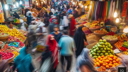 Naklejka premium People and the array of colorful stalls. Include rich textures of various fabrics, fresh fruits, and handmade crafts.