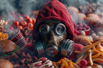 Gas Mask Against Junk Food Odors - A satirical 3D render of a person wearing a gas mask, surrounded by junk food, representing the battle against unhealthy eating habits and their unpleasant - obrazy, fototapety, plakaty