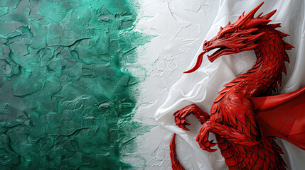Abstract flag of Wales with its red dragon on a green and white background - AI Generated Abstract Art - obrazy, fototapety, plakaty