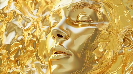 Gold Topology of a Human Face - An artistic 3D render showcasing the complex topology of a human face, rendered in pure gold, emphasizing the beauty and intricacy of human features
