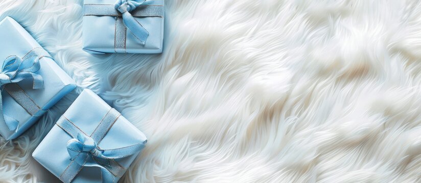 Blue gift box on white fur with copy space background. Generated AI image