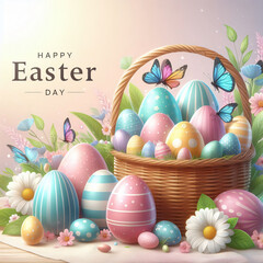 Illustration of easter eggs in basket with flowers and butterflies. Happy easter day
