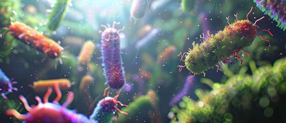 Lactobacillus as Mythical Creatures - A creative 3D illustration depicting lactobacillus bacteria as tiny, mythical creatures, thriving in a microscopic fantasy world