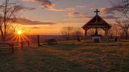 A quiet Easter morning sunrise service in the countryside. - obrazy, fototapety, plakaty