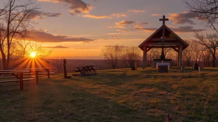 Foto op Plexiglas A quiet Easter morning sunrise service in the countryside. © Exnoi