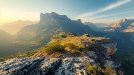 A serene, high definition landscape photo of a mountain range at sunrise. The image should highlight the soft, warm glow of the sun casting long shadows across the rugged terrain.