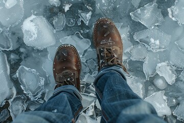 legs and shoes of a man standing on a dangerous surface - obrazy, fototapety, plakaty