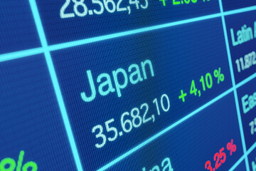Japan stock market, percentage index change. Rising japanese stock market index. Investment, business, growth, bull market, progress, positive return. 3D illustration