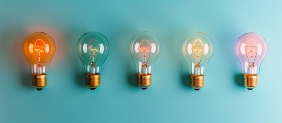 Light bulbs on colorful pastel wall background. Generated AI image