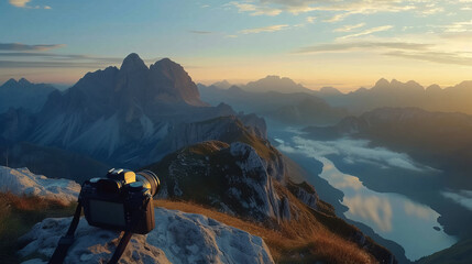 Beautiful mountain sunrise view with camera on the foreground. The world photography day concept