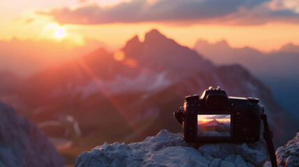 Beautiful mountain sunrise view with camera on the foreground. The world photography day concept