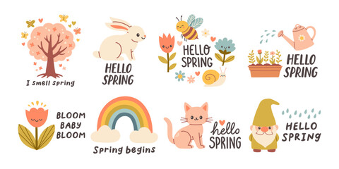 Hello spring quotes set. Floral springtime hand drawn prints design. Positive phrases for stickers, postcards or posters