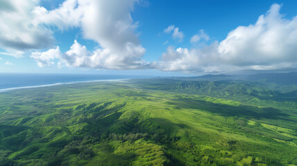 Beautiful nature landscape of island. View from top. Forest, mountains, ocean, view