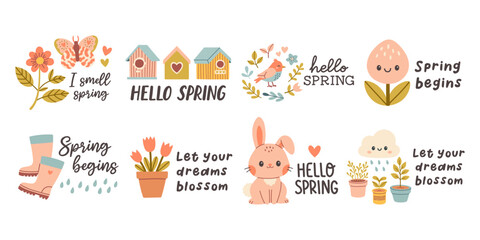Hello spring quotes set. Floral springtime hand drawn prints design. Positive phrases for stickers, postcards or posters