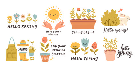 Hello spring quotes set. Floral springtime hand drawn prints design. Positive phrases for stickers, postcards or posters