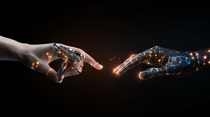 Artificial intelligence, future technology and communication concept - robot and human hand connecting fingers on black background with flare