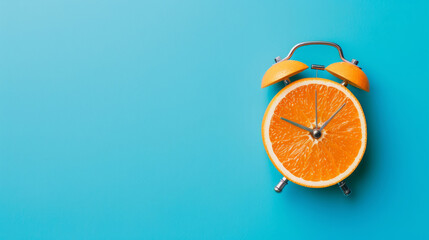 Layout of fresh orange slice alarm clock on pastel blue background - obrazy, fototapety, plakaty