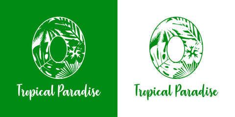 Logo destino de vacaciones. Mensaje Tropical Paradise con cifra número 0 con silueta de plantas tropicales