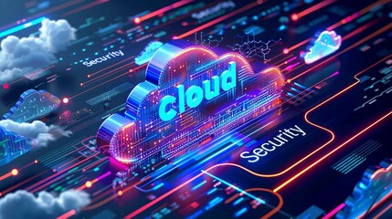 a high-tech banner design where the text Cloud Security seamlessly integrates with a digital lock, symbolizing the robust encryption and protection mechanisms in cutting-edge cloud security. 
