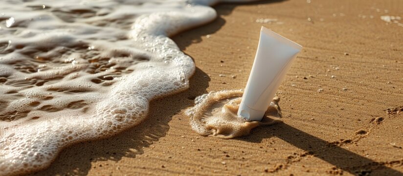 Close up a sunscreen lotion bottle on sandy beach wave background. Generated AI image