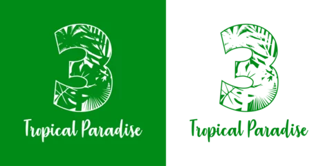 Fototapeten Logo destino de vacaciones. Mensaje Tropical Paradise con cifra número 3 con silueta de plantas tropicales © teracreonte
