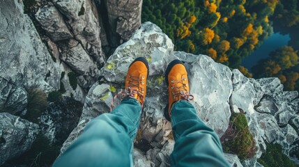 View from mountains lake river fjord - Hiking hiker traveler landscape adventure nature sport background panorama - Feet with hiking shoes from a woman standing resting on top of a high hill or rock