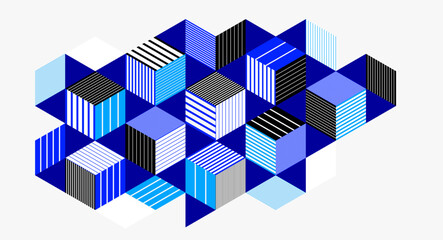 Abstract vector wallpaper with 3D isometric cubes blocks, geometric construction with blocks shapes and forms, op art low poly theme. - 745743386