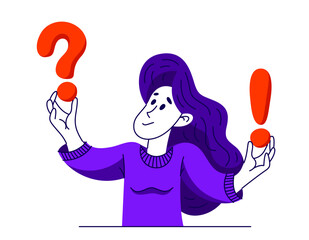 Young woman having a doubt and question, vector illustration of a person who is hesitating and thinking about some problem, decide uncertainty. - 745743539