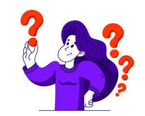 Young woman having a doubt and question, vector illustration of a person who is hesitating and thinking about some problem, decide uncertainty. - 745743556