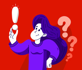 Young woman having a doubt and question, vector illustration of a person who is hesitating and thinking about some problem, decide uncertainty. - 745743565